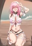  1girl absurdres alternate_costume armpits bare_shoulders beach bikini black_choker blue_eyes blush bow bowtie breasts bridal_garter choker cleavage elf elysia_(honkai_impact) elysia_(miss_pink_elf)_(honkai_impact) elysia_(summer_miss_elf)_(honkai_impact) hair_between_eyes hands_up highres honkai_(series) honkai_impact_3rd large_breasts legs looking_at_viewer midriff navel pink_hair pink_pupils pink_top pointy_ears saki_(remainaddd) salute smile swimsuit teeth two-finger_salute upper_teeth_only white_bow white_bowtie white_footwear 