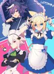  3boys artist_name azure_striker_gunvolt azure_striker_gunvolt_2 black_dress blonde_hair blue_dress blue_eyes braid braided_ponytail chinese_clothes cosplay crossdressing crossed_arms dress gunvolt highres holding holding_umbrella lololotton long_hair maid maid_headdress male_focus male_maid multiple_boys nova_(gunvolt) nowa_(gunvolt) nowa_(gunvolt)_(cosplay) purple_eyes purple_hair red_eyes ringed_eyes roro_(gunvolt) shiden_(gunvolt) short_hair spiked_hair umbrella white_hair 