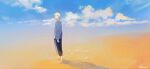  1boy artist_name barefoot black_pants brown_eyes closed_mouth cloud day from_side full_body hair_between_eyes highres illumi999 looking_ahead male_focus original outdoors pants sand shadow short_hair signature sky solo standing water white_hair 