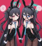  &lt;key&gt;_(blue_archive) 2girls absurdly_long_hair anger_vein animal_ears aris_(blue_archive) black_hair black_leotard black_pantyhose blue_archive blue_eyes blue_halo blue_necktie blush elbow_gloves fake_animal_ears fake_tail flat_chest gloves hair_between_eyes hairband halo heart holding_hands leotard long_hair long_hair_between_eyes multiple_girls necktie nnamizu one_side_up open_mouth pantyhose playboy_bunny rabbit_ears red_background red_eyes simple_background tail very_long_hair 
