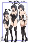  3girls aged_down aged_up animal_ears ass black_hair black_leotard bow bowtie braid breasts cleavage commission covered_navel detached_collar fake_animal_ears fake_tail glasses high_heels highleg highleg_leotard highres large_breasts leotard long_hair multiple_girls multiple_persona open_mouth pantyhose playboy_bunny purple_eyes rabbit_ears rabbit_tail raiz_art_works sakurajima_mai seishun_buta_yarou simple_background skeb_commission small_breasts smile strapless strapless_leotard tail time_paradox white_background wrist_cuffs 