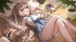  1girl blue_overalls blush breasts eating erbium food green_eyes highres holding holding_food holding_popsicle indoors large_breasts light_brown_hair long_hair looking_at_viewer lying original overall_shorts overalls popsicle shirt smile solo tongue tongue_out white_shirt 