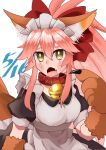  1girl alternate_costume animal_ear_fluff animal_ears animal_hands apron bell blush_stickers bow breasts cat_paws collar dated enmaided fangs fate/grand_order fate_(series) fox_ears fox_girl fox_tail gloves hair_bow hair_ribbon highres jingle_bell large_breasts long_hair looking_at_viewer maid maid_apron maid_headdress nakinishimoarazu neck_bell open_mouth paw_gloves pink_hair pointing pointing_at_self ponytail red_ribbon ribbon simple_background solo tail tamamo_(fate) tamamo_cat_(second_ascension)_(fate) tears white_background yellow_eyes 
