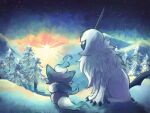  7_phi_3 absol alternate_color animal_focus commentary_request highres hisuian_zorua horns mountain night night_sky no_humans pokemon pokemon_(creature) shiny_pokemon single_horn sitting sky snow star_(sky) sun tail tree white_fur yellow_eyes 