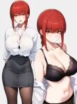  1girl black_bra black_pantyhose bra breasts chainsaw_man collarbone deyo_(nicijyou) highres large_breasts looking_at_viewer makima_(chainsaw_man) navel open_mouth pantyhose red_hair shirt simple_background skirt solo stomach underwear white_background white_shirt yellow_eyes 
