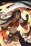  1girl arm_armor asymmetrical_clothes black_gauntlets black_hair black_shorts blue_eyes blurry blurry_background breasts cape clenched_teeth cowboy_shot criss-cross_halter crossed_bangs crossed_belts dark-skinned_female dark_skin dehya_(genshin_impact) floating_hair genshin_impact gold_choker hair_ears halterneck hands_up highres kazezeze large_breasts looking_ahead looking_to_the_side multicolored_hair multiple_thigh_straps open_mouth red_cape shorts solo streaked_hair teeth vision_(genshin_impact) 