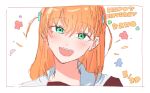  1girl :d blush border character_name commentary_request crossed_bangs dated flower_(symbol) green_eyes hair_ornament half-closed_eyes happy_birthday hasu_no_sora_school_uniform head_tilt highres hinoshita_kaho inset_border link!_like!_love_live! looking_at_viewer love_live! medium_hair myuu_(mmyu_ull) open_mouth orange_hair rabbit_hair_ornament sailor_collar school_uniform smile solo teeth two_side_up upper_body upper_teeth_only virtual_youtuber white_background white_border white_sailor_collar winter_uniform 