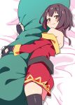  1girl ass bare_shoulders bed_sheet black_gloves black_thighhighs blush_stickers body_pillow brown_hair commentary dress fingerless_gloves gloves highres hugging_object kono_subarashii_sekai_ni_shukufuku_wo! long_sleeves looking_at_viewer lying medium_hair megumin noyama_takenoko off-shoulder_dress off_shoulder on_side pillow red_dress short_dress single_thighhigh smile solo thighhighs zettai_ryouiki 