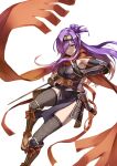  1girl absurdres alternate_costume breasts cleavage commission fire_emblem fire_emblem:_three_houses fire_emblem_warriors:_three_hopes fishnets hair_bun hair_over_one_eye hatomune6 highres kuji-in long_hair medium_breasts ninja purple_eyes purple_hair sandals second-party_source shez_(female)_(fire_emblem) shez_(fire_emblem) single_hair_bun skeb_commission solo zouri 