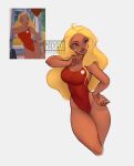  1girl ahoge art_study artist_name blonde_hair blue_eyes breasts brown_lips dark-skinned_female dark_skin derivative_work finger_to_own_chin groin hand_on_own_hip highres large_breasts lifeguard lifeguard_(lilo_&amp;_stitch) lilo_&amp;_stitch long_hair madyaxx one-piece_swimsuit red_one-piece_swimsuit screenshot_redraw simple_background standing swimsuit thick_thighs thighs thinking twitter_username white_background 