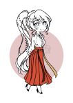  1girl absurdres arms_behind_back chibi chinese_clothes commentary earrings english_commentary fatrabbitr full_body hair_ornament hanfu high_heels highres jewelry long_hair looking_at_viewer ponytail pyrrha_nikos red_skirt rwby rwby_chibi shirt side_ponytail skirt smile solo very_long_hair 