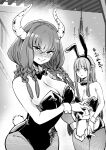  2girls alternate_costume animal_ears aura_(sousou_no_frieren) aura_bullying_(meme) bare_shoulders black_bow black_bowtie black_leotard blush bow bowtie breasts cleavage closed_mouth cocktail_shaker commentary cowboy_shot curvy demon_girl demon_horns detached_sleeves drill_hair embarrassed eyes_visible_through_hair fake_animal_ears fake_tail fern_(sousou_no_frieren) full-face_blush hair_between_eyes highres holding_shaker horns indoors large_breasts leotard long_hair looking_at_another looking_at_viewer meme monochrome multiple_girls pantyhose parted_lips playboy_bunny quad_drills rabbit_ears rabbit_tail sakayama_shinta simple_background solo_focus sousou_no_frieren strapless strapless_leotard tail thigh_gap translated tsurime very_long_hair white_background wide-eyed wrist_cuffs 