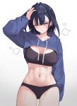  1girl abs absurdres alternate_costume arm_at_side ass_visible_through_thighs black_panties black_sports_bra blue_eyes blue_hair blue_hoodie blush breasts cleavage commentary cowboy_shot cropped_hoodie drawstring english_commentary hair_between_eyes hair_intakes half-closed_eyes hand_on_own_head highres hololive hololive_english hood hoodie large_breasts long_sleeves looking_at_viewer namiorii navel ouro_kronii panties parted_lips puffy_long_sleeves puffy_sleeves short_hair simple_background sleeves_past_fingers sleeves_past_wrists solo sports_bra standing stomach sweat teeth toned underwear virtual_youtuber white_background 