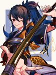  1girl apron armor blue_hair braid crown_braid dark_blue_hair fire_emblem fire_emblem_fates highres holding holding_polearm holding_weapon japanese_armor japanese_clothes naginata nam3737373 oboro_(fire_emblem) orange_apron polearm ponytail solo weapon 