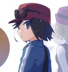  2boys 2girls :| black-framed_eyewear black_hair blue_eyes blue_jacket calem_(pokemon) closed_mouth eyewear_on_headwear hat highres jacket multiple_boys multiple_girls omochi_(omotimotittona3) pokemon pokemon_xy red_hat serena_(pokemon) shauna_(pokemon) short_hair simple_background solo_focus trevor_(pokemon) turtleneck turtleneck_jacket white_background 