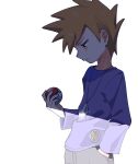  1boy blue_oak closed_mouth hand_in_pocket highres holding holding_poke_ball jewelry long_sleeves looking_down necklace omochi_(omotimotittona3) orange_eyes orange_hair poke_ball poke_ball_(basic) pokemon pokemon_rgby purple_shirt shirt short_hair simple_background solo spiked_hair white_background 