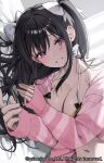  1girl bed_sheet bikini black_hair bow brave_sword_x_blaze_soul breasts chigusa_minori choker commentary_request copyright_name dainsleif_(brave_sword_x_blaze_soul) dainsleif_sol_(brave_sword_x_blaze_soul) grey_eyes highres hood hooded_jacket jacket long_sleeves looking_at_viewer medium_breasts navel official_art pink_jacket smile solo swimsuit white_bow 