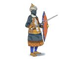  ambiguous_gender arabian_clothes armor artist_request chainmail dark_skin helmet highres knight lamellar_armor male_focus medieval original shield sword tagme turban turban_helmet weapon white_background white_turban 