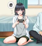  1girl 1other :o awazake_(2wairu) barefoot bed black_hair black_shorts black_socks curtains flying_sweatdrops grey_eyes grey_shirt highres indoors jacket original shirt shorts sitting socks spoken_squiggle squiggle white_jacket window 