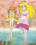  1990s_(style) 2girls barefoot blonde_hair blue_eyes blush brooch brown_eyes brown_hair clothes_lift crown dress earrings flower_earrings highres jewelry lifting_own_clothes long_hair looking_at_viewer mario_(series) multiple_girls non-web_source official_art on_rock open_mouth pink_dress princess_daisy princess_peach retro_artstyle scan short_sleeves sitting skirt skirt_lift smile wading water yellow_dress 