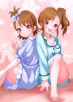  2girls absurdres aqua_pajamas aqua_shirt aqua_shorts bare_legs barefoot blue_dress blush brown_hair dress floral_background futami_ami futami_mami hair_ribbon highres idolmaster idolmaster_million_live! knees_together_feet_apart knees_up looking_at_viewer multiple_girls one_side_up raby_vivid ribbon shirt shorts siblings side_ponytail sisters sitting sleepwear smile toes twins w 