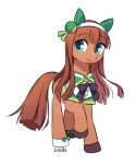  1girl animal_ears animalization black_bow black_bowtie blue_eyes blunt_bangs bow bowtie brown_hair brown_tail collared_shirt ear_covers footwear_bow green_shirt hairband horse_ears horse_tail long_hair my_little_pony my_little_pony:_friendship_is_magic no_humans shirt short_sleeves silence_suzuka_(umamusume) solo tail umamusume white_shirt zzekzzek 