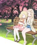  2girls ahoge bench blonde_hair blush cherry_blossoms commission cutoffs denim denim_shorts dress falling_petals finger_to_mouth gakuen_idolmaster grass highres holding_hands idolmaster idolmaster_cinderella_girls in-franchise_crossover light_brown_hair looking_at_viewer multiple_girls on_bench outdoors park park_bench petals pink_dress raurika shinosawa_hiro shorts shushing sitting sleeping socks stuffed_animal stuffed_toy teddy_bear white_socks yuri yusa_kozue 