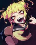  1girl absurdres bags_under_eyes blonde_hair blue_sailor_collar boku_no_hero_academia cardigan double_bun fangs hair_bun highres holding holding_knife knife long_sleeves looking_at_viewer messy_hair neckerchief open_mouth qu_uo red_neckerchief sailor_collar school_uniform short_hair simple_background skirt solo teeth toga_himiko yellow_cardigan yellow_eyes 