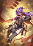  1girl absurdres alternate_costume breasts cleavage commission fire_emblem fire_emblem:_three_houses fire_emblem_warriors:_three_hopes fishnet_thighhighs fishnets hair_bun hair_over_one_eye hatomune6 highres kuji-in long_hair medium_breasts ninja purple_eyes purple_hair sandals second-party_source shez_(female)_(fire_emblem) shez_(fire_emblem) single_hair_bun skeb_commission solo thighhighs zouri 