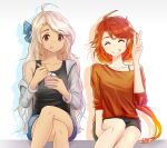  2girls ahoge azur_lane black_shorts black_tank_top blonde_hair blue_bow blue_shorts bow brooklyn_(azur_lane) collarbone crossed_legs dangle_earrings dark-skinned_female dark_skin earrings eating grey_jacket hair_bow hand_up holding holding_spoon ice_cream_cup jacket jewelry long_hair looking_at_viewer multiple_girls orange_hair orange_shirt phoenix_(azur_lane) red_eyes shirt shorts simple_background single_bare_shoulder sitting smile spoon swept_bangs tank_top v white_background zoink 