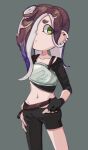  1girl black_gloves black_pants brown_hair cephalopod_eyes closed_mouth collarbone colored_tips dedf1sh ear_piercing fingerless_gloves gloves green_eyes grey_background highres long_hair multicolored_hair navel octoling pants piercing purple_hair simple_background solo splatoon_(series) splatoon_3 splatoon_3:_side_order standing tentacle_hair thick_eyebrows two-tone_hair veryfatbigcat 