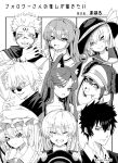  3boys 6+girls animal_ears bocchi_the_rock! double_bun flandre_scarlet followers_favorite_challenge gojou_satoru greyscale hair_bun hat highres holding holding_clothes holding_hat imaizumi_kagerou itadori_yuuji jujutsu_kaisen kirisame_marisa kita_ikuyo komeiji_koishi looking_at_viewer mahoro_(minase_mahoro) monochrome multiple_boys multiple_drawing_challenge multiple_girls pokemon pokemon_bw2 portrait rosa_(pokemon) smile touhou wolf_ears wolf_girl 