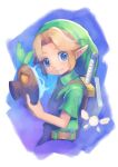  1boy 1naonline absurdres blonde_hair blue_eyes deku_mask green_tunic highres holding holding_mask leather_belt link mask phrygian_cap pointy_ears shield shield_on_back the_legend_of_zelda the_legend_of_zelda:_majora&#039;s_mask young_link 