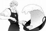  1boy apron black_apron collared_shirt cooking elezen elf final_fantasy final_fantasy_xiv food fried_rice fried_rice_prank_(meme) greyscale haurchefant_greystone holding holding_ladle ladle male_focus meme monochrome open_collar pointy_ears shirt simple_background smile suzuka_(su9111suzu) wok 