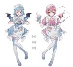  2girls :d absurdres alternate_costume apron bat_wings blue_bow blue_dress blue_hair blush bow closed_mouth commentary_request dress enmaided frilled_apron frills full_body garter_straps grey_footwear hair_ornament hairclip heart heart_hair_ornament heart_hands highres holding holding_teapot komeiji_satori looking_at_viewer maid maid_apron maid_headdress mary_janes multiple_girls pink_dress pink_eyes pink_hair puffy_short_sleeves puffy_sleeves red_eyes remilia_scarlet shoes short_hair short_sleeves simple_background smile sorani_(kaeru0768) teapot thighhighs third_eye touhou white_apron white_background white_thighhighs wings wrist_cuffs yellow_bow 