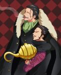  2boys arm_on_another&#039;s_shoulder ascot black_coat black_hair coat coat_on_shoulders commentary_request crocodile_(one_piece) crossed_arms dracule_mihawk facial_hair fur-trimmed_coat fur_trim green_ascot hair_slicked_back highres hook_hand kafuyutns looking_up male_focus multiple_boys mustache no_headwear one_piece profile short_hair sideburns smoke stitched_face stitches waistcoat 