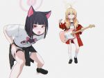  2girls ahoge animal_ears be_my_baby_(song) black_footwear black_hair black_jacket black_mask blonde_hair blue_archive cat_ears clothes_around_waist colored_inner_hair electric_guitar fender_stratocaster guitar halo highres holding holding_instrument instrument jacket jacket_around_waist kazusa_(band)_(blue_archive) kazusa_(blue_archive) kuroneko_(kuroneko3zizi) leaning_forward long_hair low_twintails mask mask_pull mouth_mask multicolored_hair multiple_girls official_alternate_costume open_clothes open_jacket parody pink_hair pink_halo pink_skirt pleated_skirt red_eyes red_jacket shirt shoes short_hair short_sleeves simple_background skirt twintails white_background white_shirt white_skirt yellow_eyes yellow_halo yoshimi_(band)_(blue_archive) yoshimi_(blue_archive) 