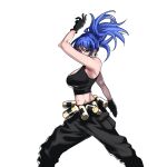  1girl 3ryuhwanjang ammunition_belt bare_shoulders black_gloves black_pants black_tank_top blue_eyes blue_hair gloves highres leona_heidern midriff navel pants ponytail simple_background sleeveless soldier solo tank_top the_king_of_fighters the_king_of_fighters_xiii twisted_torso white_background 