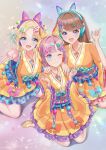  3girls :d ;) absurdres animal_ear_headphones animal_ears anyoji_hime blonde_hair blue_bow blue_eyes blue_hair blue_headphones bow brown_hair cat_ear_headphones closed_mouth commentary dress dress_bow fake_animal_ears fujishima_megumi gradient_hair hair_bow headphones highres identity_(love_live!) index_finger_raised japanese_clothes kimono kimono_dress kneeling kobassy light_blue_hair link!_like!_love_live! long_hair long_sleeves looking_at_viewer love_live! mira-cra_park! multicolored_hair multiple_girls one_eye_closed open_mouth orange_bow orange_dress orange_kimono osawa_rurino parted_bangs pink_bow pink_headphones purple_bow purple_eyes sleeves_past_elbows smile split_mouth thumbs_up twintails two_side_up v virtual_youtuber wide_sleeves yellow_headphones 