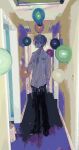  1boy 21scorpii balloon black_footwear black_pants blue_hair blue_necktie character_request closed_mouth collared_shirt commentary doorway expressionless full_body hallway hand_on_own_hip handkerchief hashtag-only_commentary indoors kamishiro_rui light_switch long_sleeves looking_at_viewer male_focus multicolored_hair necktie pants pocket project_sekai red_eyes shirt shoes short_hair solo streaked_hair white_shirt 