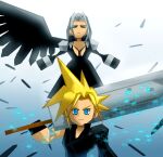  2boys armor asymmetrical_sleeves backlighting black_coat black_feathers black_vest blonde_hair blue_background blue_eyes chest_strap cloud_strife coat commentary_request expressionless feathered_wings feathers final_fantasy final_fantasy_vii final_fantasy_vii_advent_children floating fusion_swords gradient_background green_eyes grey_hair hands_up long_hair looking_at_viewer low_poly male_focus multiple_boys over_shoulder parted_bangs pauldrons popochan-f sephiroth short_hair shoulder_armor single_pauldron single_wing spiked_hair sword sword_over_shoulder vest weapon weapon_over_shoulder wings 