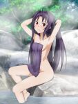  1girl absurdres ahoge armpits arms_behind_head arms_up blush breasts cleavage closed_mouth collarbone commentary_request completely_nude covering_privates foot_out_of_frame hair_intakes highres leg_up long_hair looking_at_viewer mysteryctu nude nude_cover onsen outdoors paid_reward_available purple_hair purple_towel red_eyes sidelocks sitting small_breasts smile soaking_feet solo steam sword_art_online very_long_hair wet yuuki_(sao) 