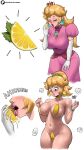  1girl absurdres blonde_hair breasts choker closed_eyes commentary crown dress earrings echo_saber elbow_gloves food fruit gloves hand_up hands_up highres holding holding_food holding_fruit jewelry large_breasts lemon lemon_slice licking mario_(series) mini_crown multiple_views navel nude pink_dress pink_lips ponytail princess_peach puffy_short_sleeves puffy_sleeves short_sleeves simple_background standing stomach thighs white_background white_gloves yellow_choker 