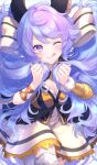  1girl :d animal_ears breasts bridal_garter cleavage commission dress elbow_gloves gloves grabbing_own_hair granblue_fantasy highres kishinaito large_breasts long_hair one_eye_closed purple_eyes purple_hair satyr_(granblue_fantasy) single_elbow_glove smile solo strapless strapless_dress twintails very_long_hair 