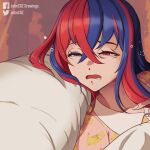  1girl alear_(female)_(fire_emblem) alear_(fire_emblem) blue_eyes blue_hair crossed_bangs drooling english_commentary fire_emblem fire_emblem_engage half-closed_eyes heterochromia highres johncgz limmy_waking_up_(meme) long_hair meme mouth_drool multicolored_hair open_mouth pikachu pillow red_eyes red_hair saliva sleepy solo split-color_hair squeans two-tone_hair very_long_hair waking_up 