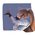  1girl absurdres ahoge arm_up bird bird_on_hand border brown_corset brown_eyes brown_hair cleavage_cutout clothing_cutout commentary corset cropped_torso crossed_bangs english_commentary from_side gloves grin highres hololive hololive_english looking_at_another multicolored_hair nanashi_mumei nanashi_mumei_(1st_costume) night night_sky outside_border owl partially_fingerless_gloves profile seventeencrows shirt sky smile solo star_(sky) starry_sky streaked_hair virtual_youtuber white_border white_shirt 