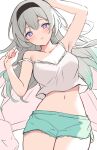  1girl alternate_costume aqua_shorts arm_up armpits bare_arms bare_shoulders black_hairband breasts camisole cleavage collarbone commentary crop_top english_commentary firefly_(honkai:_star_rail) gradient_hair green_hair grey_hair hair_between_eyes hairband hand_up highres hitsukuya honkai:_star_rail honkai_(series) long_hair looking_at_viewer medium_breasts midriff multicolored_hair navel parted_lips red_eyes short_shorts shorts solo stomach strap_slip very_long_hair white_background white_camisole 