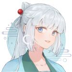  1girl artist_name bad_id bai_yuxiu blue_eyes chinese_text collarbone fengling_yuxiu grey_hair hair_ornament highres long_hair looking_at_viewer parted_lips ponytail portrait qingai88 smile solo white_background white_hair 