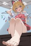  1girl alien_adviser animal_ear_headphones animal_ears barefoot blonde_hair blue_archive blush bow cosplay crystal fake_animal_ears fake_wings feet flandre_scarlet flandre_scarlet_(cosplay) foot_focus hair_between_eyes hair_bow headphones highres momoi_(blue_archive) open_mouth red_bow red_eyes red_skirt red_vest short_hair skirt solo toes touhou vest wings 