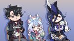  1boy 2girls absurdres ascot bags_under_eyes black_gloves black_hair black_shirt blue_ascot blue_capelet blue_dress blue_eyes blue_hair book bow bowtie capelet clorinde_(genshin_impact) commentary_request cup dress drinking_straw drop_shadow empty_eyes fingerless_gloves genshin_impact gloves gradient_hair grey_vest hair_between_eyes hat hat_feather highres holding holding_book holding_cup multicolored_hair multiple_girls necktie parted_lips pink_bow pink_bowtie pouring purple_eyes purple_hair red_necktie sakana_(fishchunk) saucer shirt short_hair sigewinne_(genshin_impact) sitting teacup tricorne upper_body vest white_gloves white_shirt wriothesley_(genshin_impact) 